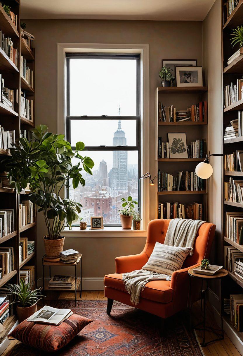 A cozy reading nook featuring a stylish armchair surrounded by graphic novels stacked on a vintage wooden shelf. Soft, warm lighting creates an intimate atmosphere, with lush houseplants adding a touch of nature. The walls are adorned with vibrant illustrations, blending artistic storytelling with a sensual living space. An open window reveals a hint of a city skyline outside. super-realistic. warm colors. cozy ambiance.