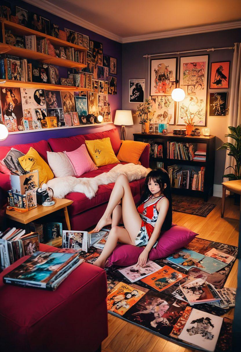 A collage of colorful and enticing hentai manga covers, showcasing vibrant characters in dynamic poses and playful scenes. In the background, a cozy, sensually decorated studio apartment with plush furniture and warm lighting, reflecting an inviting atmosphere. The overall composition blends the art of manga with a hint of lifestyle appeal, inviting viewers into this unique world of adult cartoons. vivid colors. anime style. whimsical.
